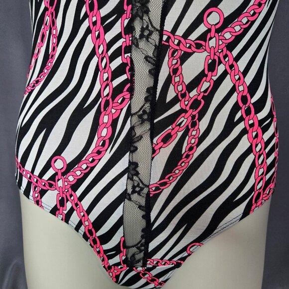 Y2K Zebra Print Bodysuit Top Size M Lace Trim Neon Trashy Mcbling Scene Gyaru - Picture 3 of 9
